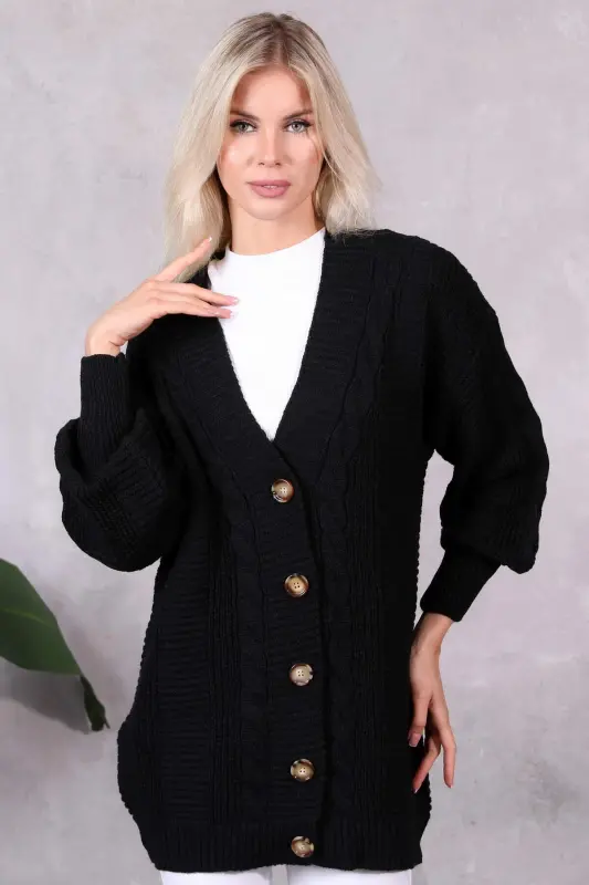 Plus Size Women's Knit Pattern Winter Long 5 Buttoned Black Cardigan 0546 - 3