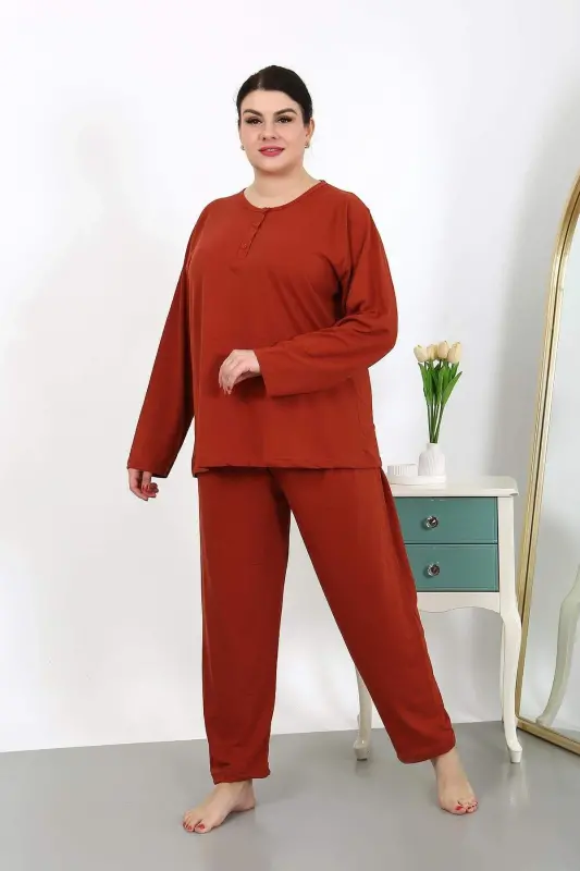 Plus Size Women's Long Sleeve Cotton Pajama Set Brick 202501 - 2