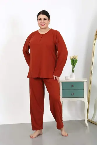 Plus Size Women's Long Sleeve Cotton Pajama Set Brick 202501 - 3