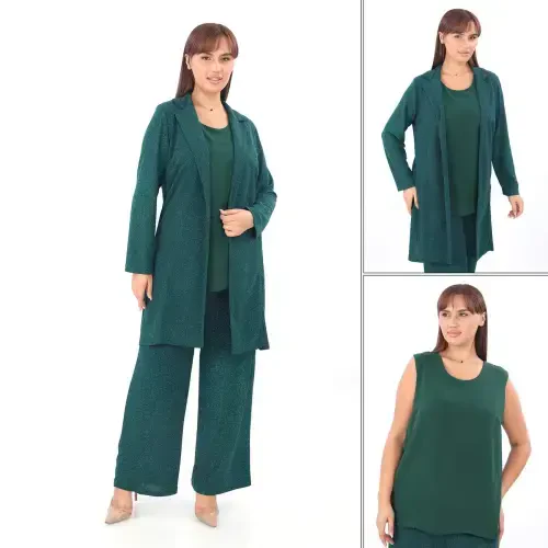 Plus Size Women's Sequined 3-Piece Pants, Blouse, Jacket Suit KL3081 Emerald Green - 8