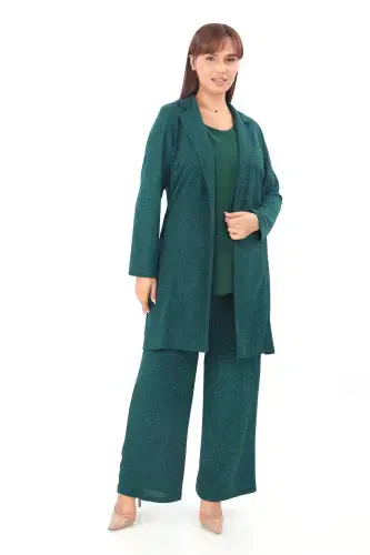 Plus Size Women's Sequined 3-Piece Pants, Blouse, Jacket Suit KL3081 Emerald Green - 9