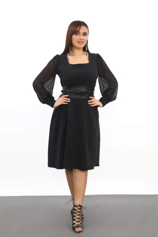 Plus Size Women's Square Neck Black Dress KL3087 - 1