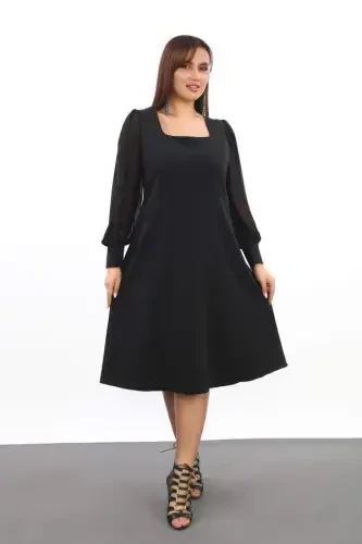 Plus Size Women's Square Neck Black Dress KL3087 - BÜYÜKBEDENIZ (1)