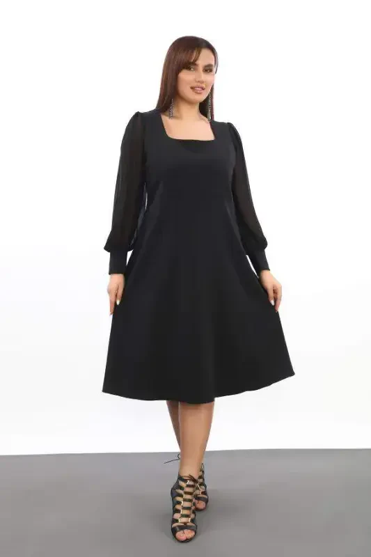 Plus Size Women's Square Neck Black Dress KL3087 - 2