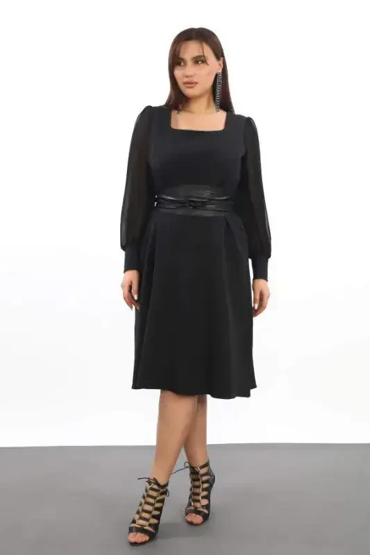 Plus Size Women's Square Neck Black Dress KL3087 - 5