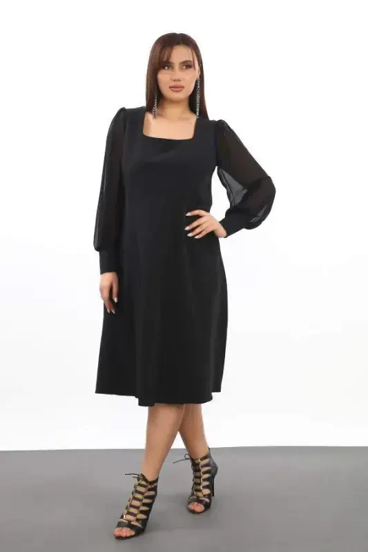 Plus Size Women's Square Neck Black Dress KL3087 - 6