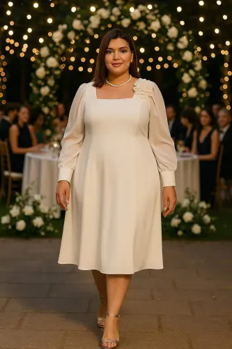 Plus Size Women's Square Neck White Wedding Dress KL3087 - BÜYÜKBEDENIZ (1)