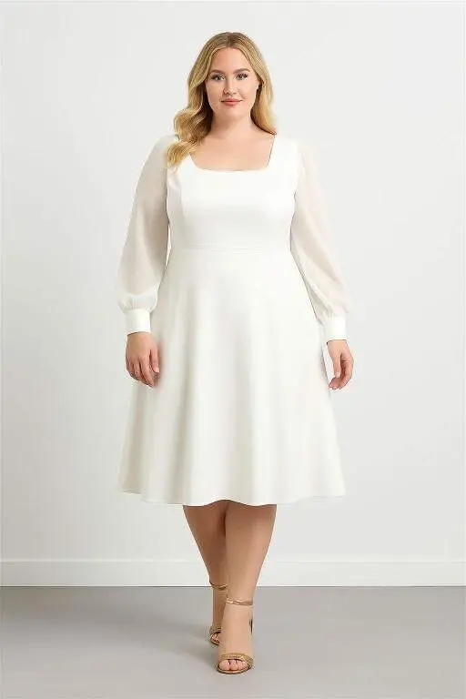 Plus Size Women's Square Neck White Wedding Dress KL3087 - 8
