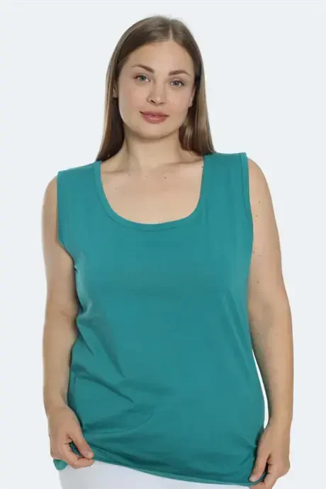 Plus Size Women's Tank Top with Thick Green Straps and Sleeveless Cotton Lycra - BÜYÜKBEDENIZ