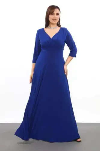 Plus Size Women's V-Neck Stretchy and Lycra Sax Party Dress 3072 - BÜYÜKBEDENIZ (1)