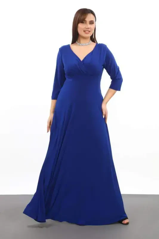 Plus Size Women's V-Neck Stretchy and Lycra Sax Party Dress 3072 - 2