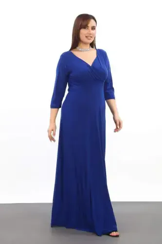 Plus Size Women's V-Neck Stretchy and Lycra Sax Party Dress 3072 - 3