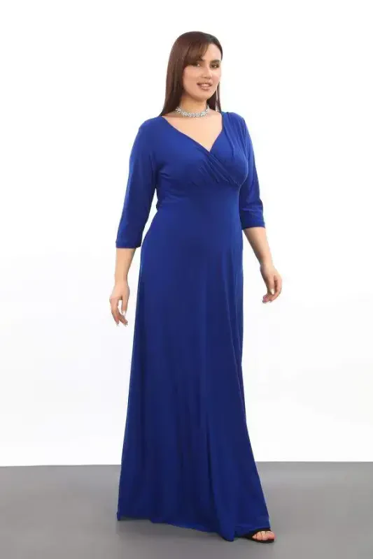 Plus Size Women's V-Neck Stretchy and Lycra Sax Party Dress 3072 - 3