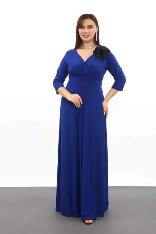 Plus Size Women's V-Neck Stretchy and Lycra Sax Party Dress 3072 - BÜYÜKBEDENIZ