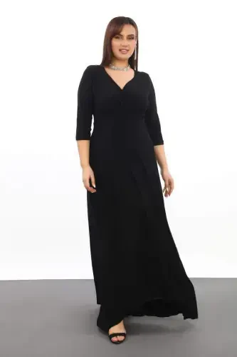 Plus Size Women's Wrap Neck Stretch and Lycra Black Dress 3072 - BÜYÜKBEDENIZ (1)
