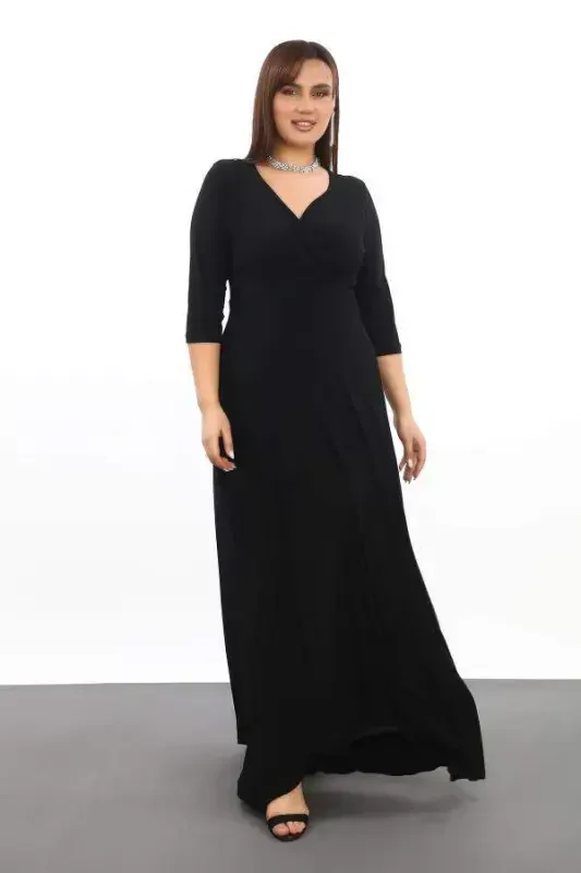 Plus Size Women's Wrap Neck Stretch and Lycra Black Dress 3072 - 2