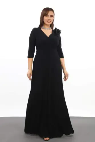 Plus Size Women's Wrap Neck Stretch and Lycra Black Dress 3072 - 3