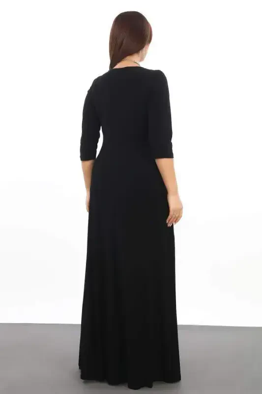 Plus Size Women's Wrap Neck Stretch and Lycra Black Dress 3072 - 5