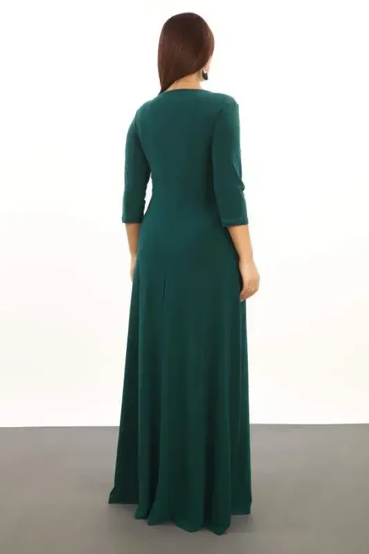 Plus Size Women's Wrap Neck Stretchy and Lycra Green Evening Dress 3072 - 2