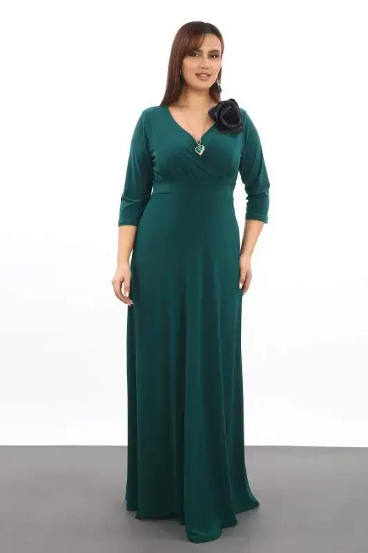 Plus Size Women's Wrap Neck Stretchy and Lycra Green Evening Dress 3072 - 3