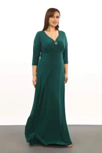 Plus Size Women's Wrap Neck Stretchy and Lycra Green Evening Dress 3072 - 4