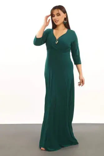Plus Size Women's Wrap Neck Stretchy and Lycra Green Evening Dress 3072 - 5