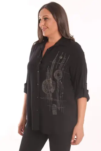 Plus Size Woven Black Shirt with Stone Print Detail - 1