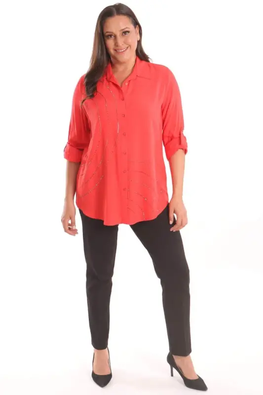 Plus Size Woven Coral Shirt with Stone Print Detail - 2