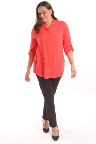 Plus Size Woven Coral Shirt with Stone Print Detail - 4