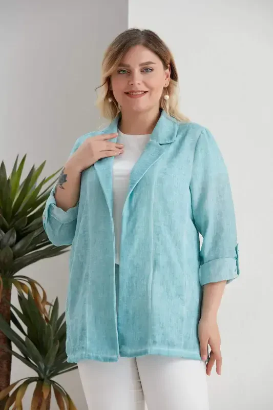 Plus Size Wrap Neck Batik Turquoise Jacket - 1
