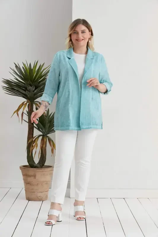 Plus Size Wrap Neck Batik Turquoise Jacket - 2