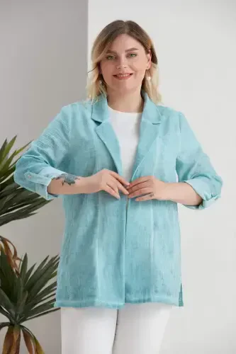 Plus Size Wrap Neck Batik Turquoise Jacket - 5