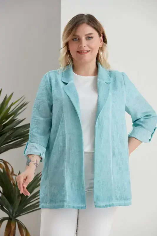 Plus Size Wrap Neck Batik Turquoise Jacket - 6