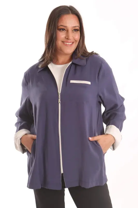 Plus Size Zip-Up Indigo Trench Coat - 3