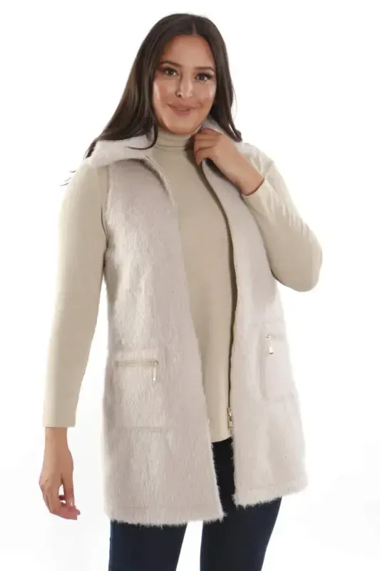 Plus Size Zipper and Pocket Detailed Beige Fur Vest - BÜYÜKBEDENIZ