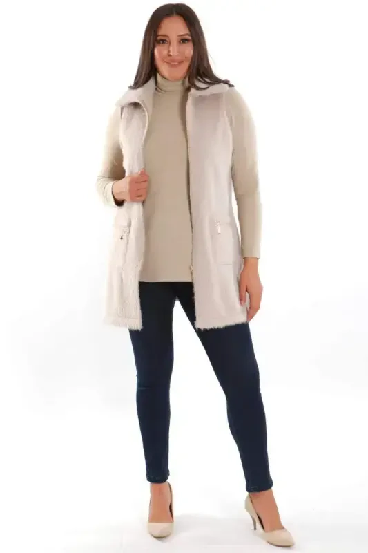 Plus Size Zipper and Pocket Detailed Beige Fur Vest - 2