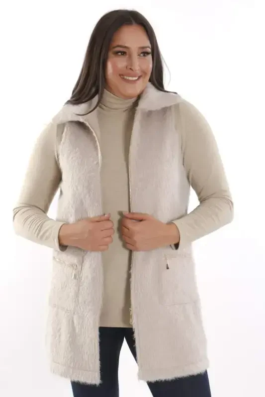 Plus Size Zipper and Pocket Detailed Beige Fur Vest - 3