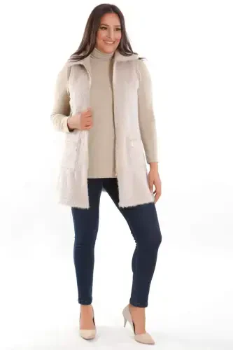 Plus Size Zipper and Pocket Detailed Beige Fur Vest - 4