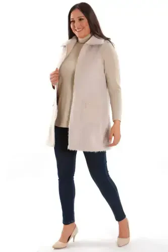 Plus Size Zipper and Pocket Detailed Beige Fur Vest - 5