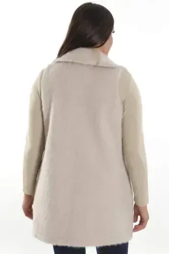 Plus Size Zipper and Pocket Detailed Beige Fur Vest - 6