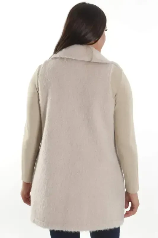 Plus Size Zipper and Pocket Detailed Beige Fur Vest - 6