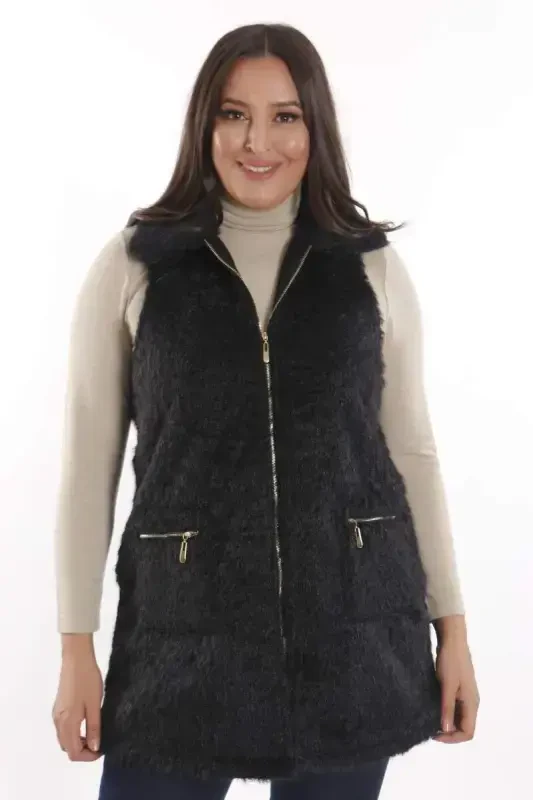 Plus Size Zipper and Pocket Detailed Black Fur Vest - 1