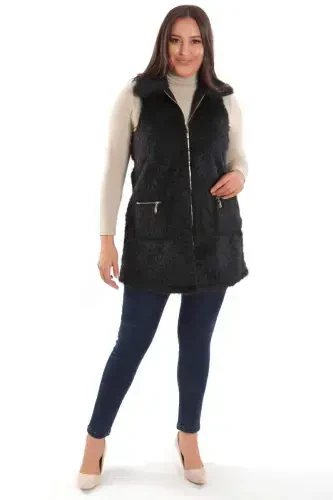 Plus Size Zipper and Pocket Detailed Black Fur Vest - 2