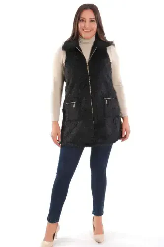 Plus Size Zipper and Pocket Detailed Black Fur Vest - 4