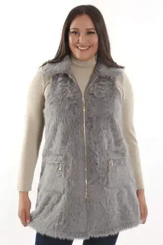 Plus Size Zipper and Pocket Detailed Gray Fur Vest - 1