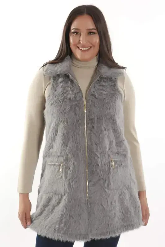 Plus Size Zipper and Pocket Detailed Gray Fur Vest - BÜYÜKBEDENIZ