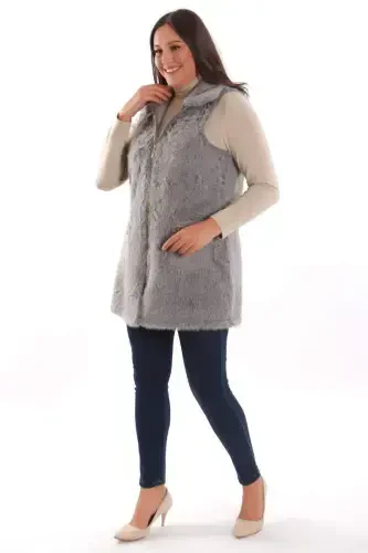 Plus Size Zipper and Pocket Detailed Gray Fur Vest - BÜYÜKBEDENIZ (1)