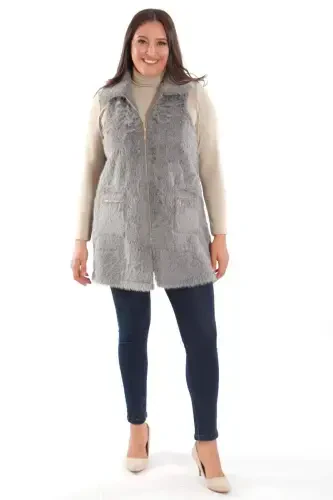 Plus Size Zipper and Pocket Detailed Gray Fur Vest - 4