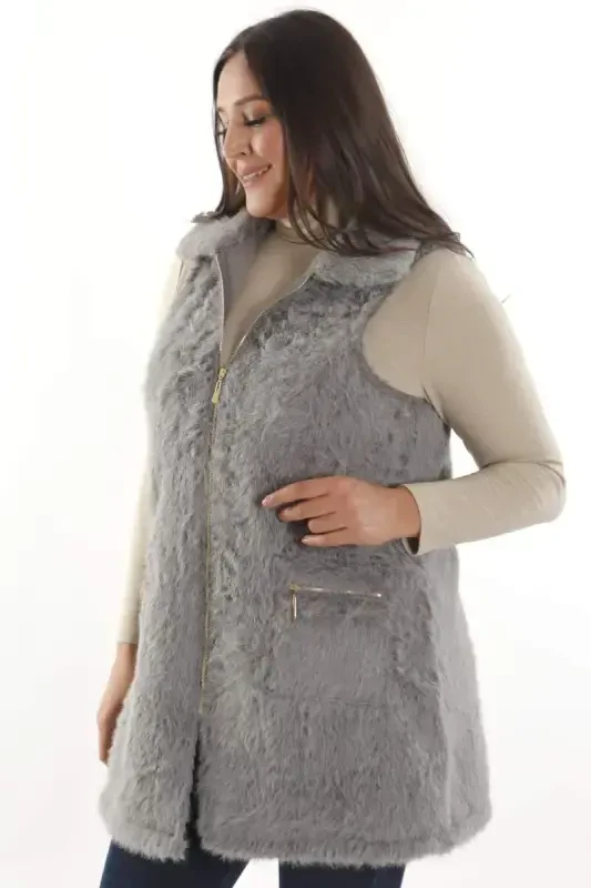 Plus Size Zipper and Pocket Detailed Gray Fur Vest - 5