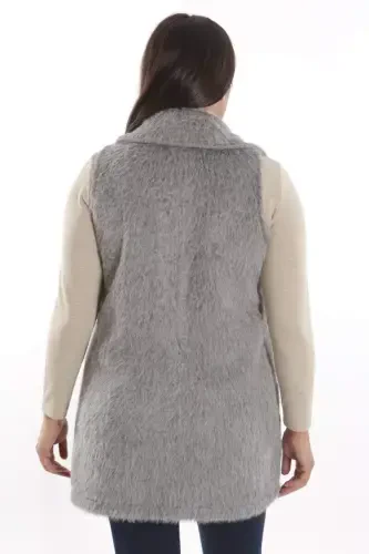 Plus Size Zipper and Pocket Detailed Gray Fur Vest - 6